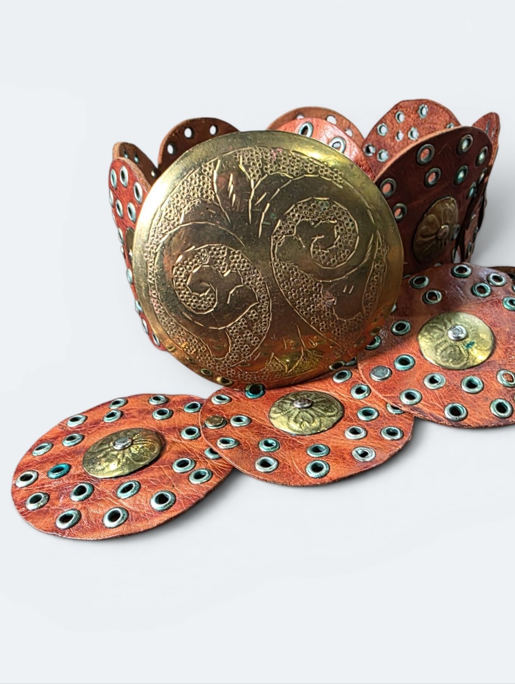 Vintage Moroccan Leather Disc Belt Wide Brass Concho Boho Hippie Y2k